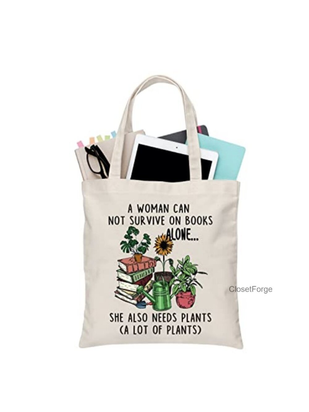 Canvas Tote Bag with Books and Plants Quote, Reusable Handbag for Women